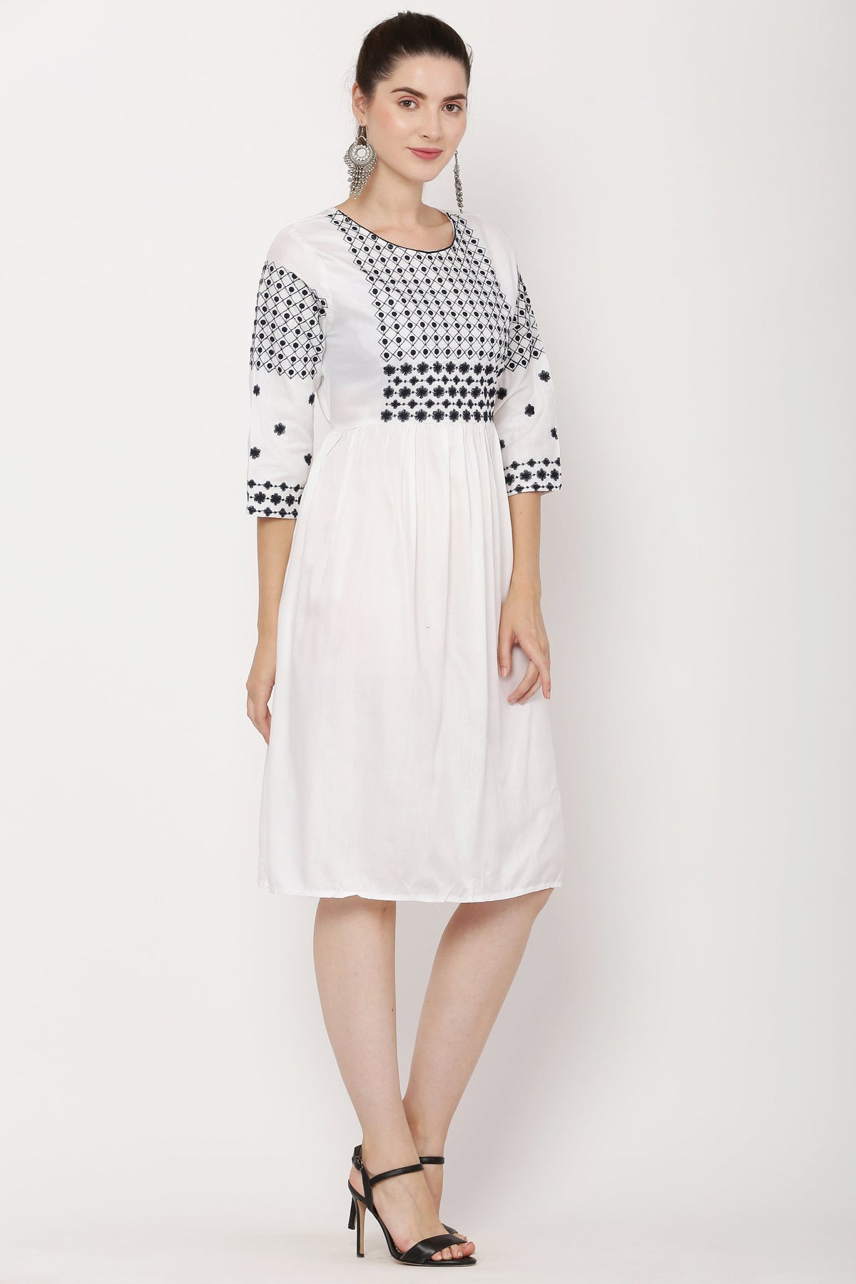 PAVONINE White Color Polka Dots Embroidery Dress For Women | Grocsy