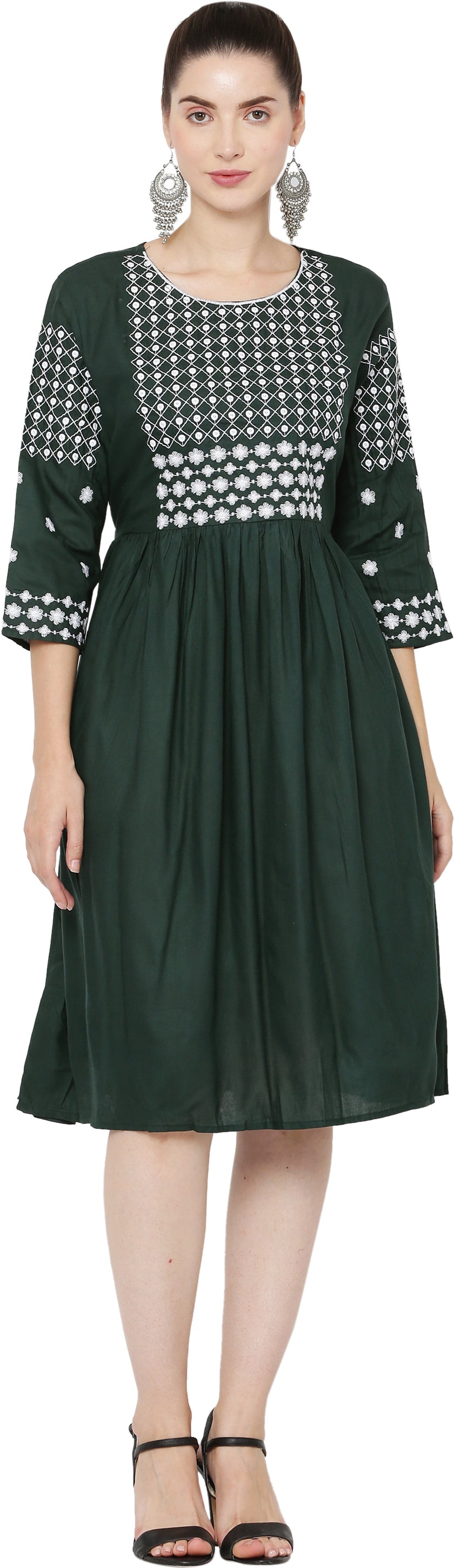 PAVONINE Bottle Green Color Polka Dots Embroidery Dress For Women | Grocsy