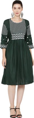 PAVONINE Bottle Green Color Polka Dots Embroidery Dress For Women | Grocsy