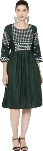 PAVONINE Bottle Green Color Polka Dots Embroidery Dress For Women | Grocsy