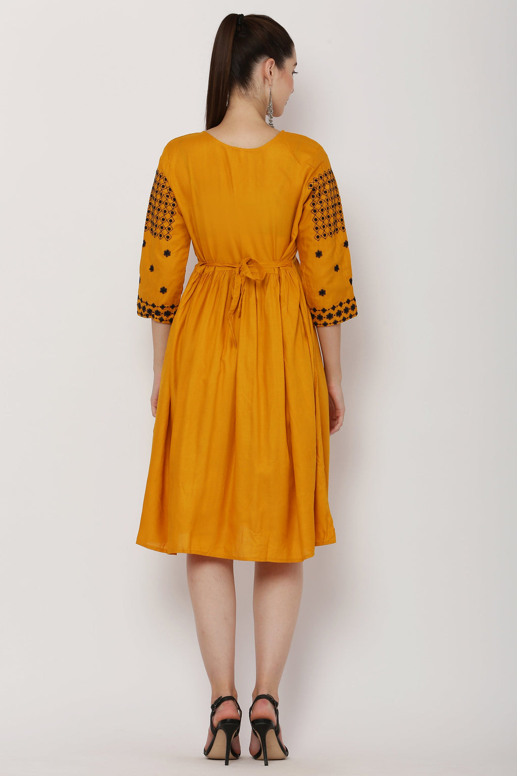 PAVONINE Mustard Color Polka Dots Embroidery Dress For Women | Grocsy