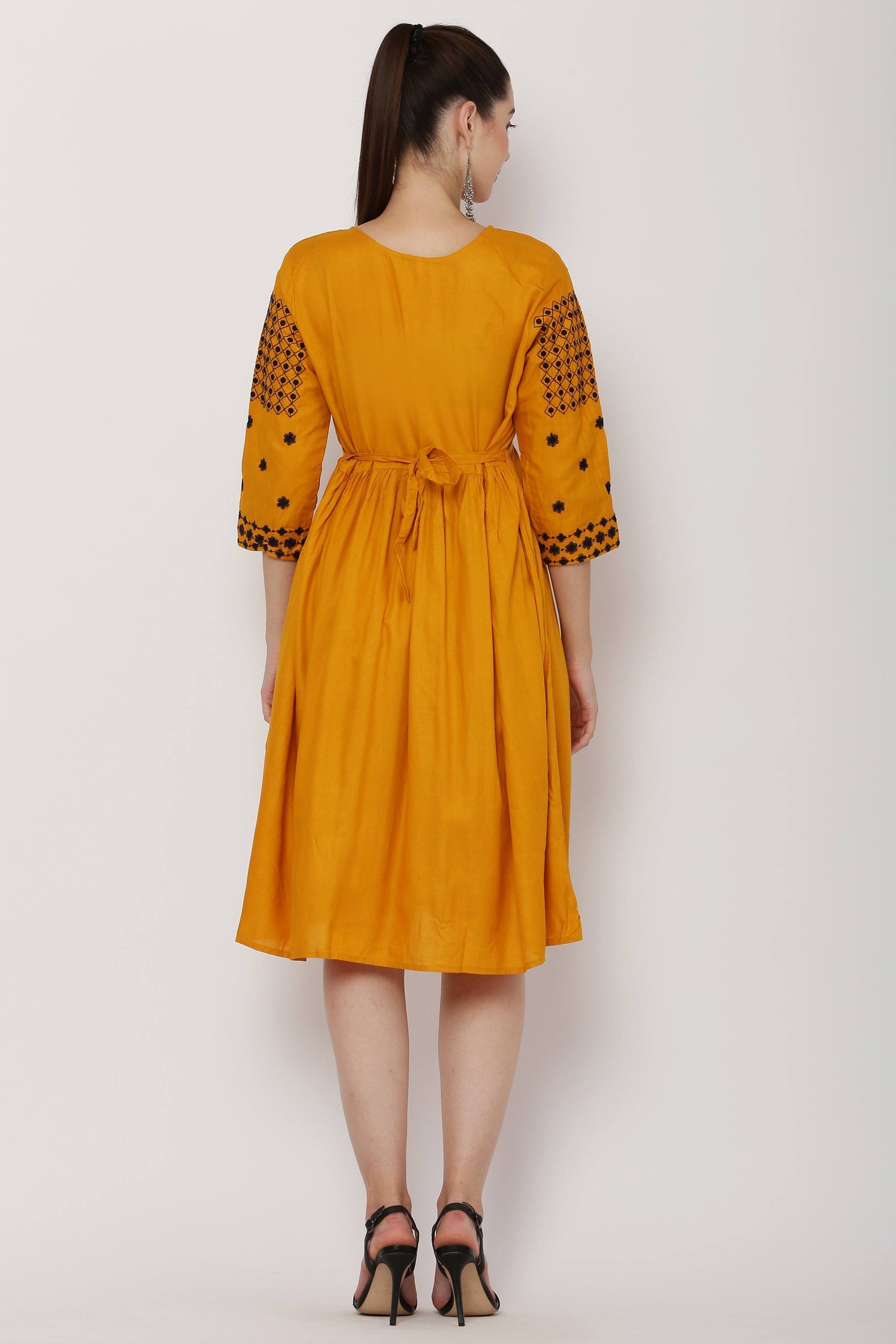 PAVONINE Mustard Color Polka Dots Embroidery Dress For Women | Grocsy