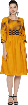 PAVONINE Mustard Color Polka Dots Embroidery Dress For Women | Grocsy