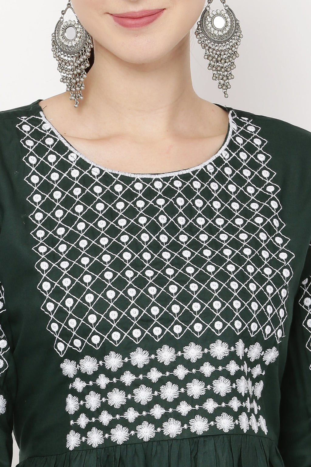 PAVONINE Bottle Green Color Polka Dots Embroidery Dress For Women | Grocsy