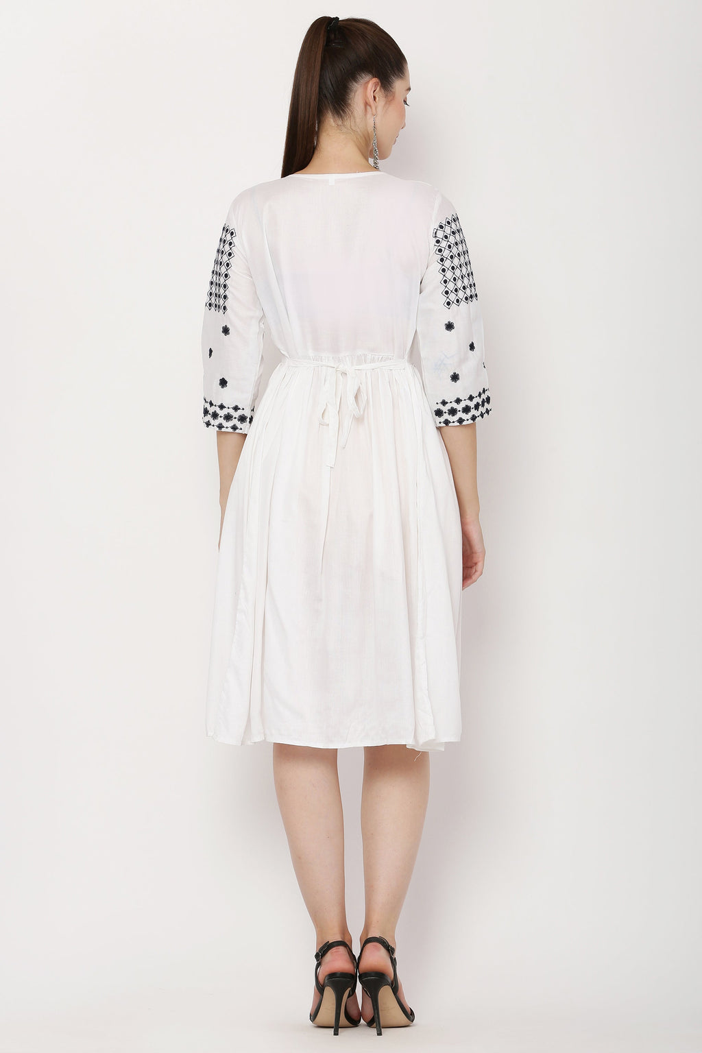PAVONINE White Color Polka Dots Embroidery Dress For Women | Grocsy