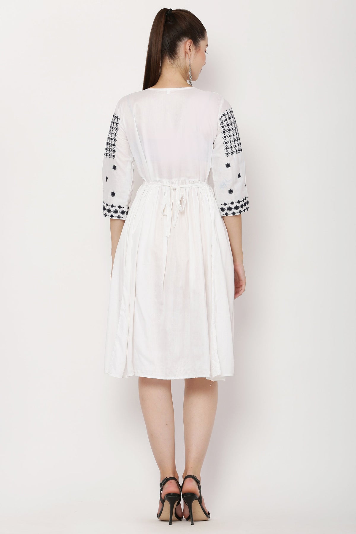 PAVONINE White Color Polka Dots Embroidery Dress For Women | Grocsy