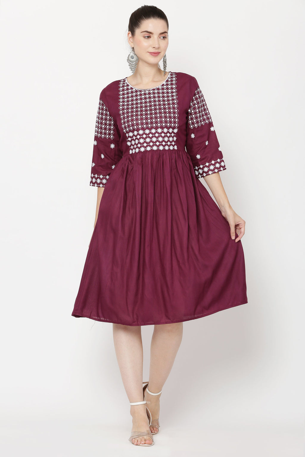 PAVONINE Wine Color Polka Dots Embroidery Dress For Women | Grocsy