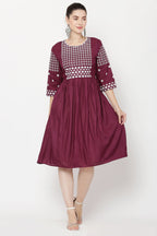 PAVONINE Wine Color Polka Dots Embroidery Dress For Women | Grocsy