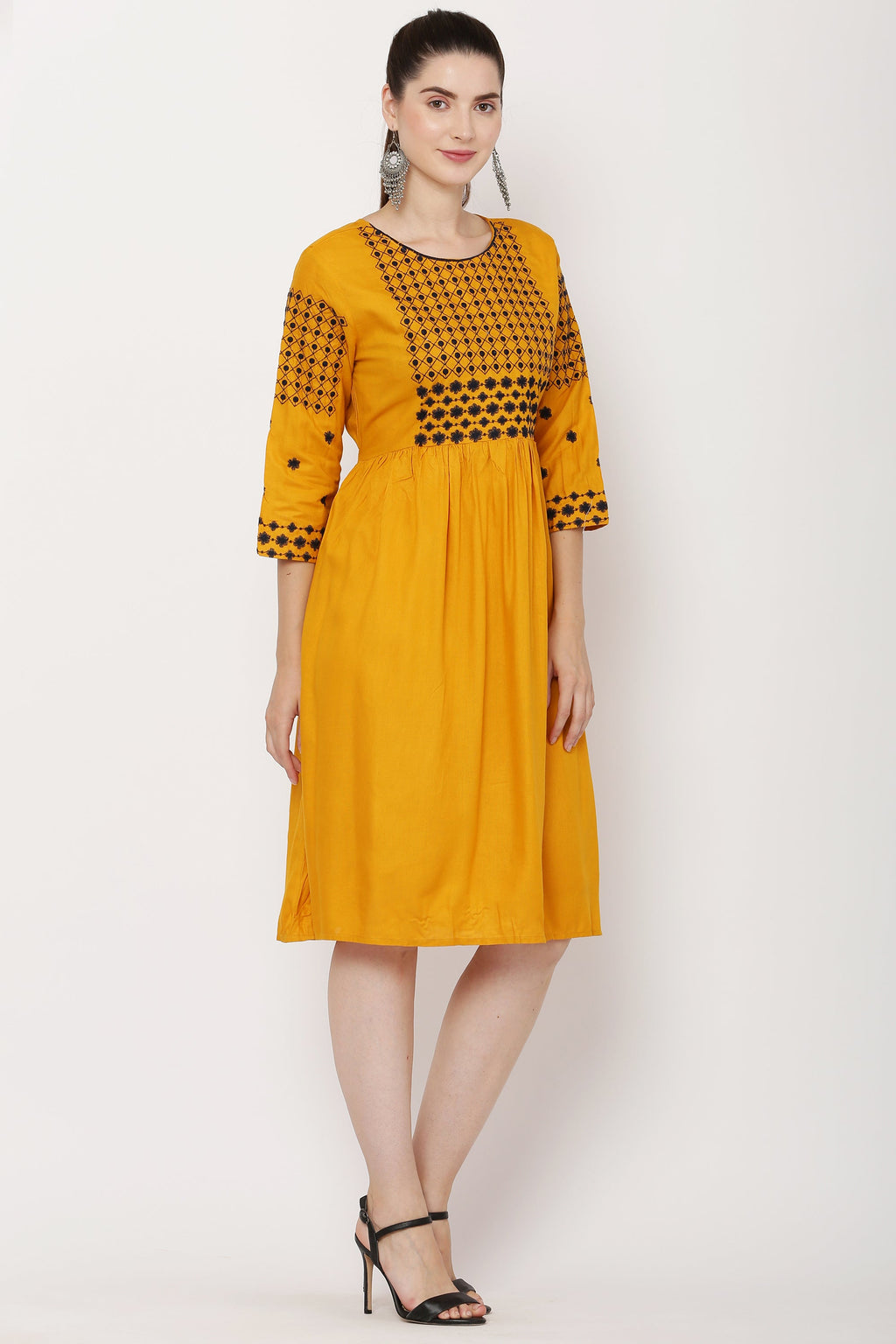 PAVONINE Mustard Color Polka Dots Embroidery Dress For Women | Grocsy