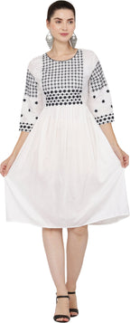 PAVONINE White Color Polka Dots Embroidery Dress For Women | Grocsy