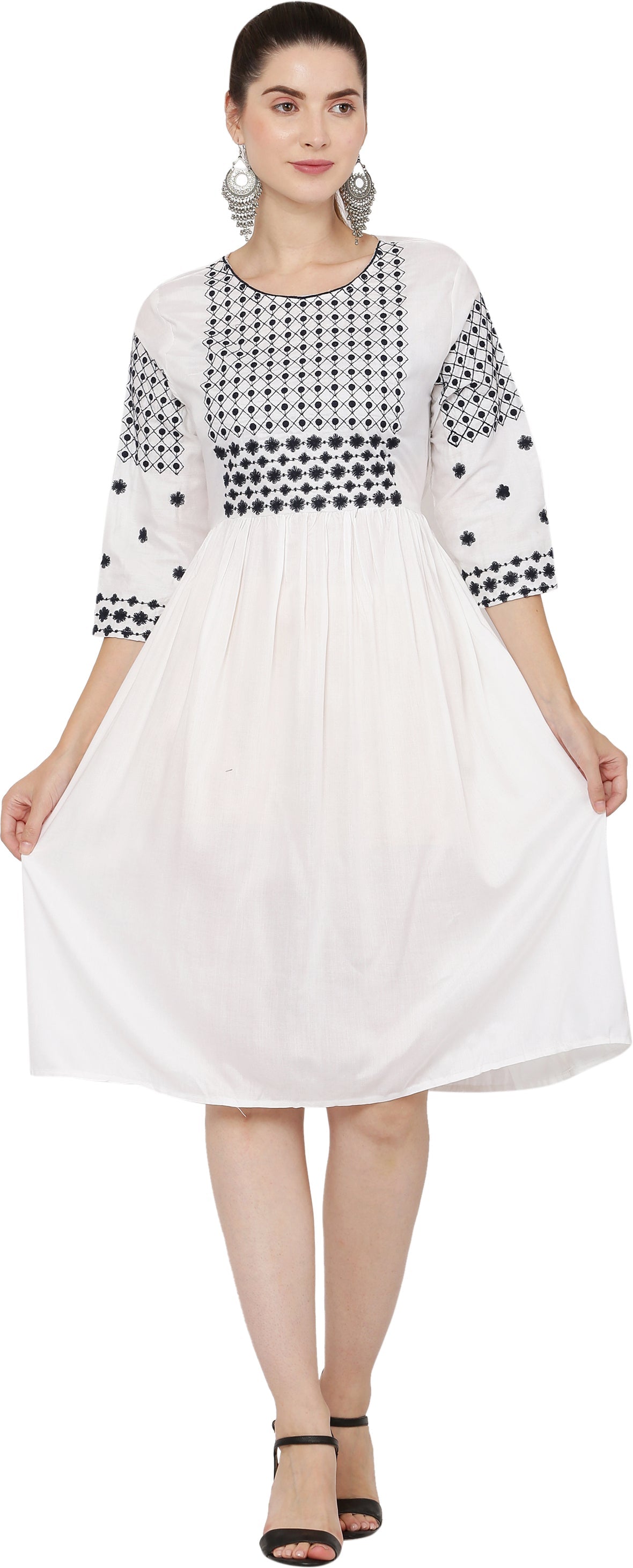 PAVONINE White Color Polka Dots Embroidery Dress For Women | Grocsy