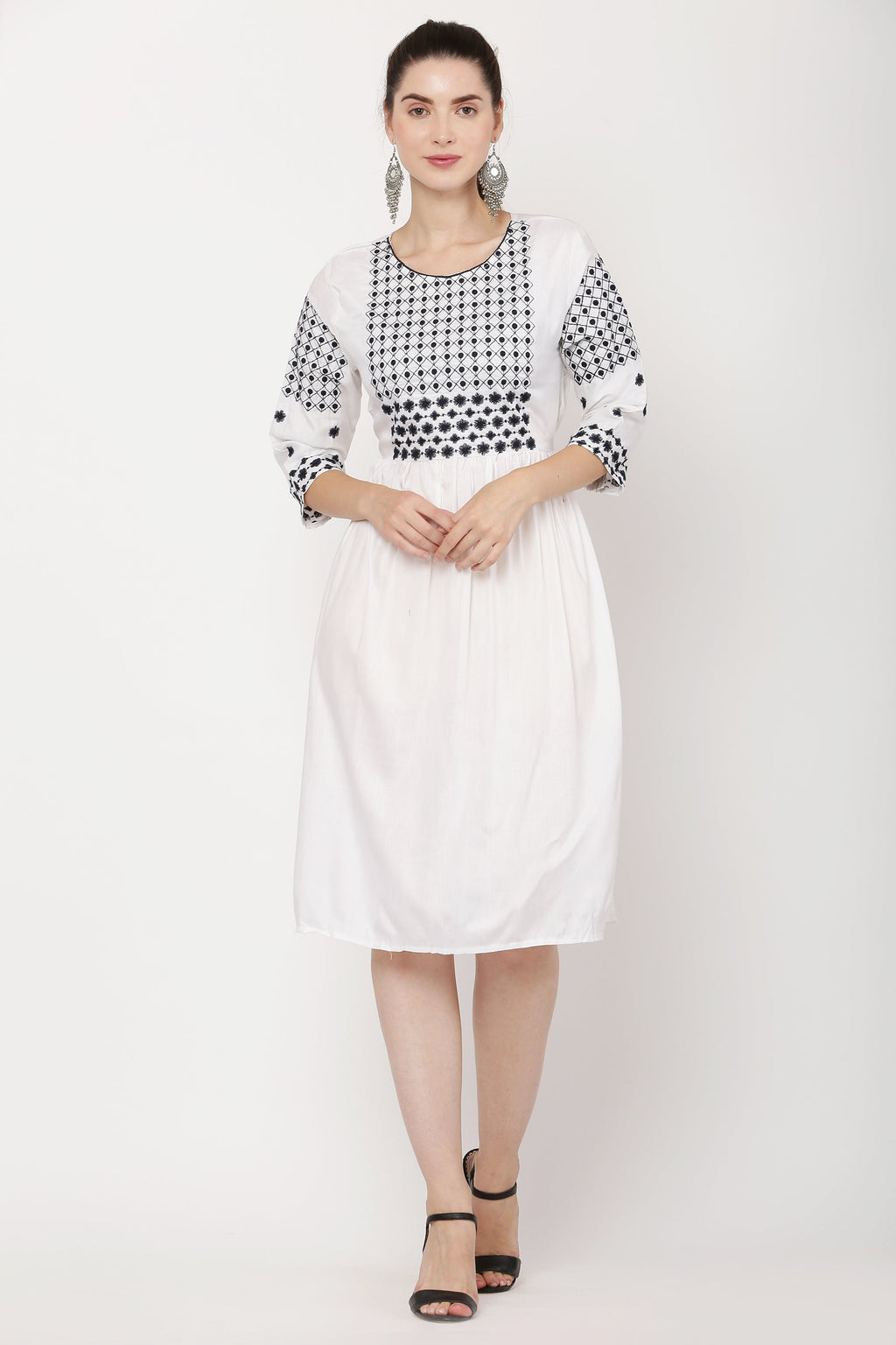 PAVONINE White Color Polka Dots Embroidery Dress For Women | Grocsy