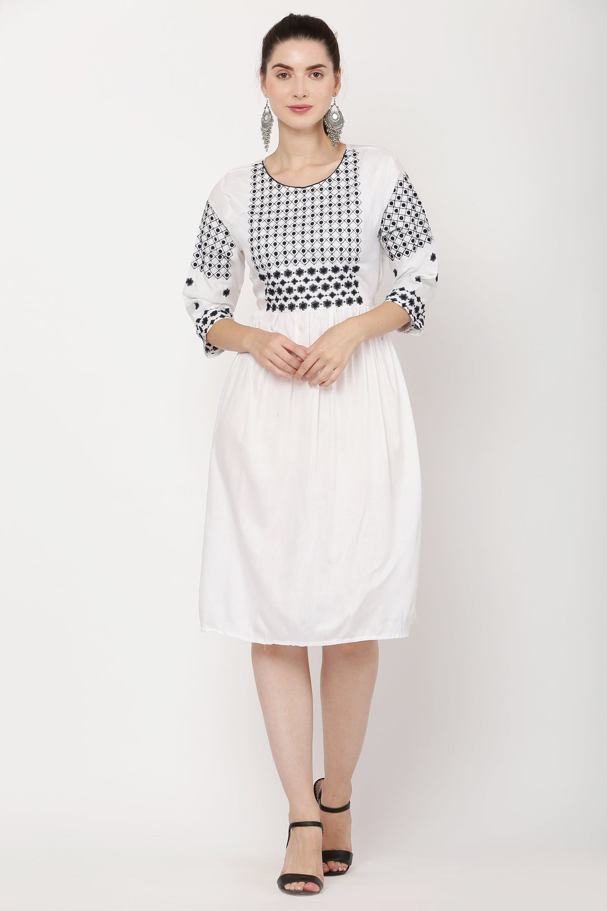 PAVONINE White Color Polka Dots Embroidery Dress For Women | Grocsy