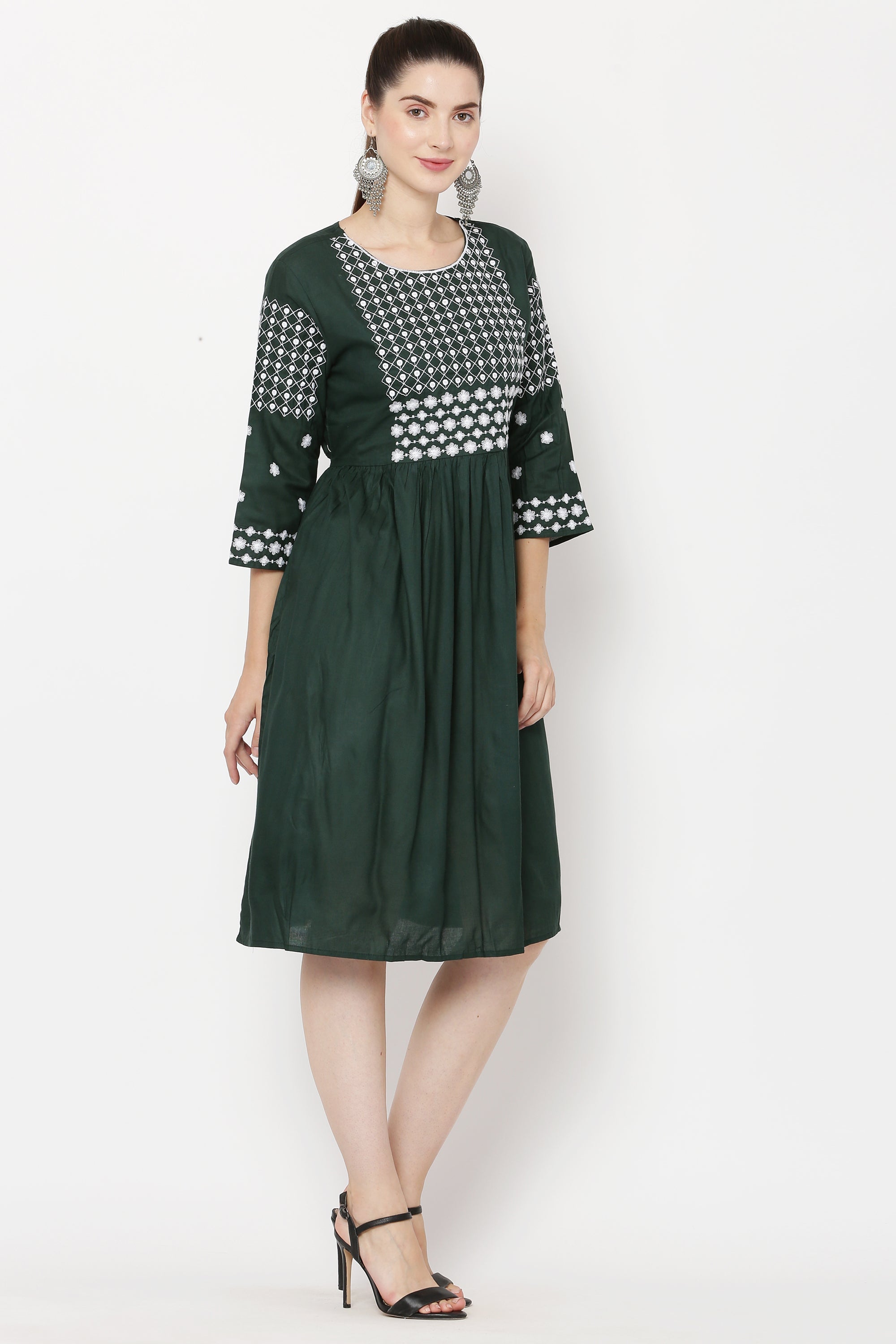 PAVONINE Bottle Green Color Polka Dots Embroidery Dress For Women | Grocsy