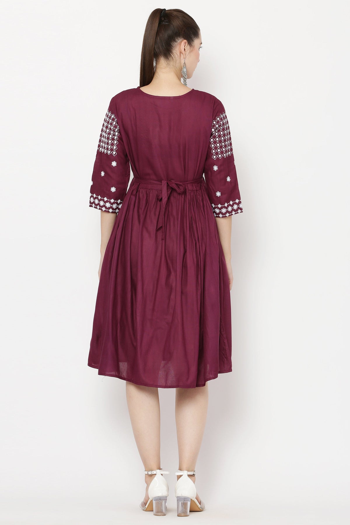 PAVONINE Wine Color Polka Dots Embroidery Dress For Women | Grocsy