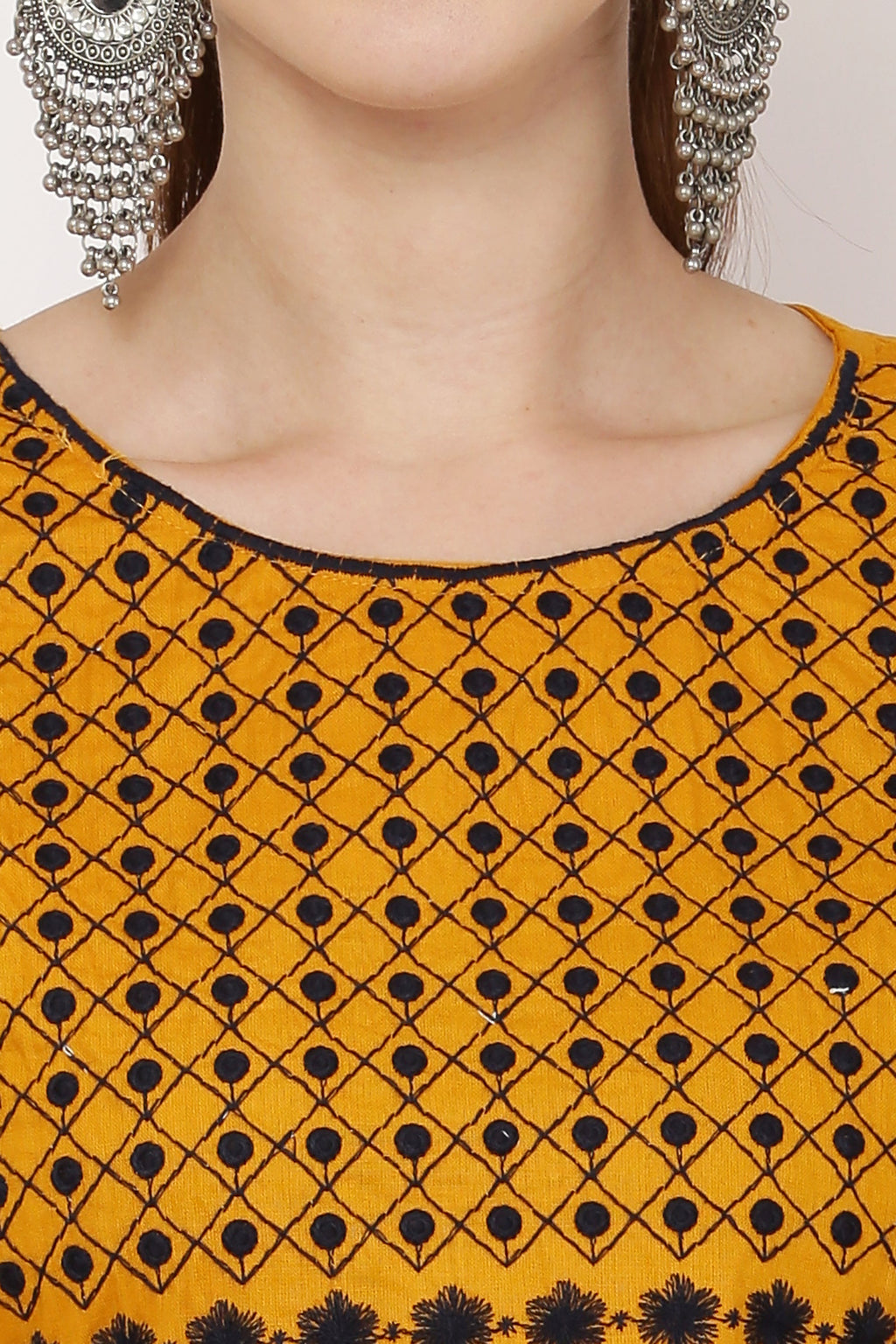 PAVONINE Mustard Color Polka Dots Embroidery Dress For Women | Grocsy