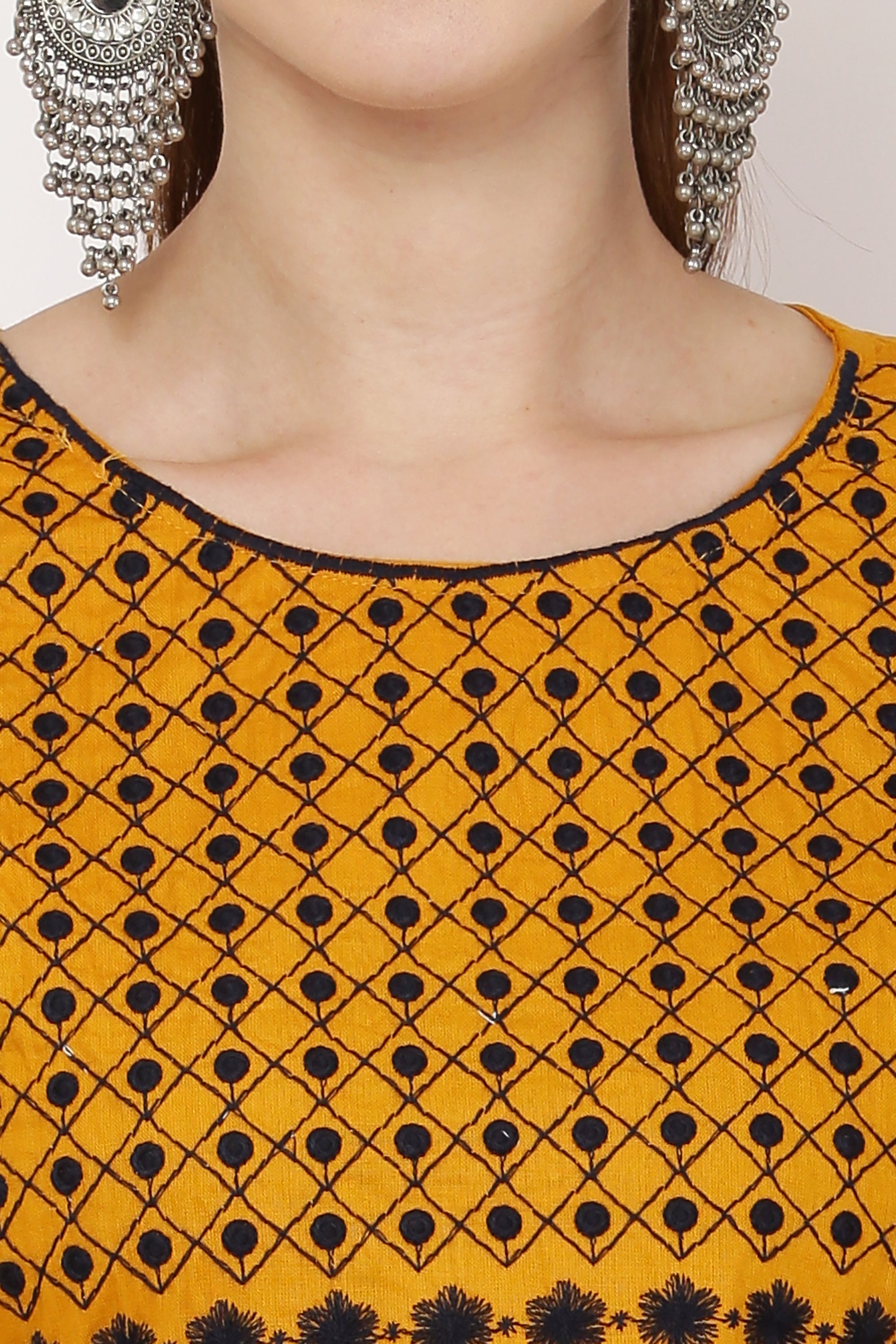 PAVONINE Mustard Color Polka Dots Embroidery Dress For Women | Grocsy