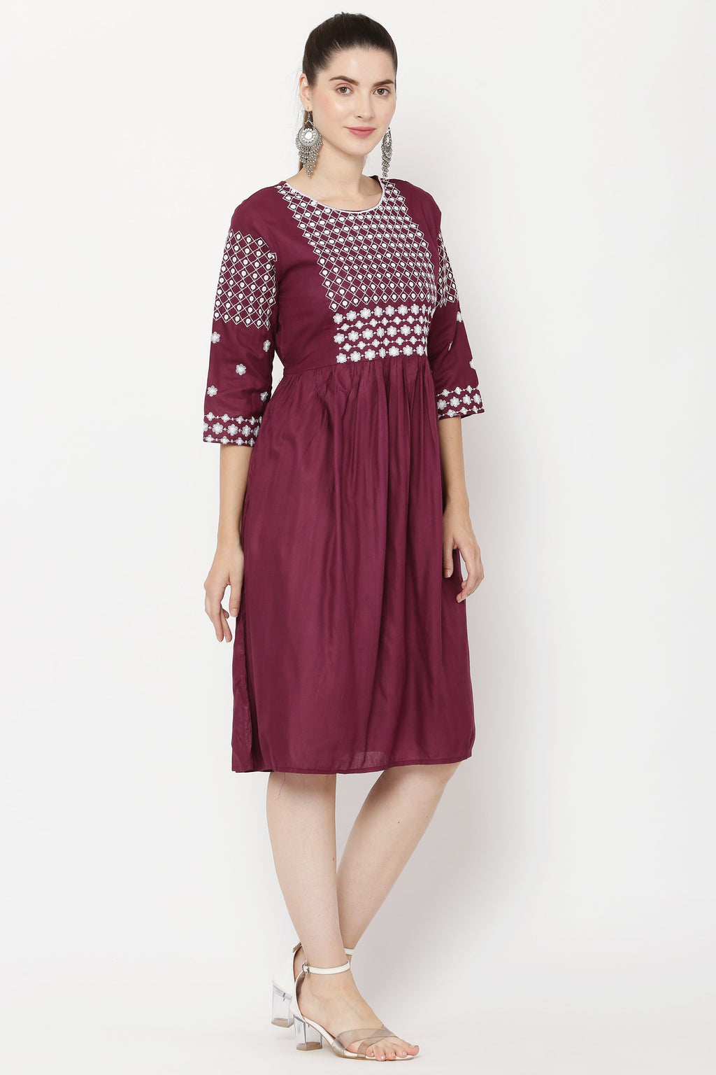 PAVONINE Wine Color Polka Dots Embroidery Dress For Women | Grocsy