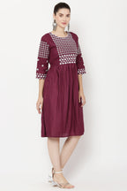PAVONINE Wine Color Polka Dots Embroidery Dress For Women | Grocsy