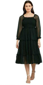 PAVONINE Buta-Design With Square-Neck Bottle Green Dress For Girls & Women | Grocsy