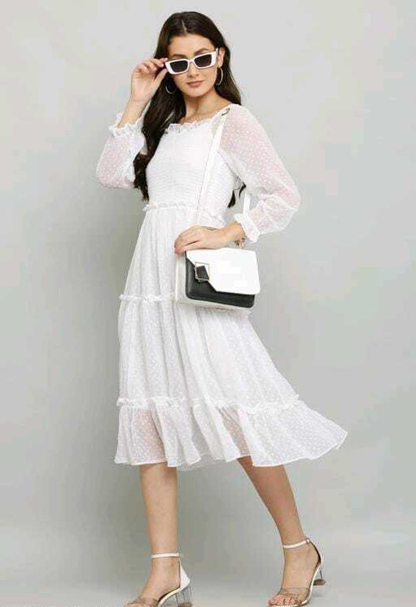 PAVONINE Buta-Design With Square-Neck White Dress For Girls & Women | Grocsy