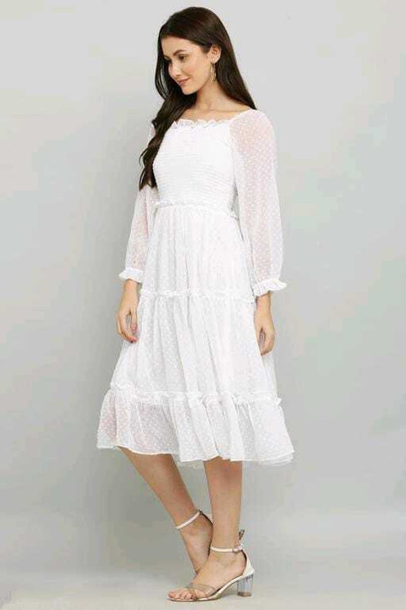 PAVONINE Buta-Design With Square-Neck White Dress For Girls & Women | Grocsy