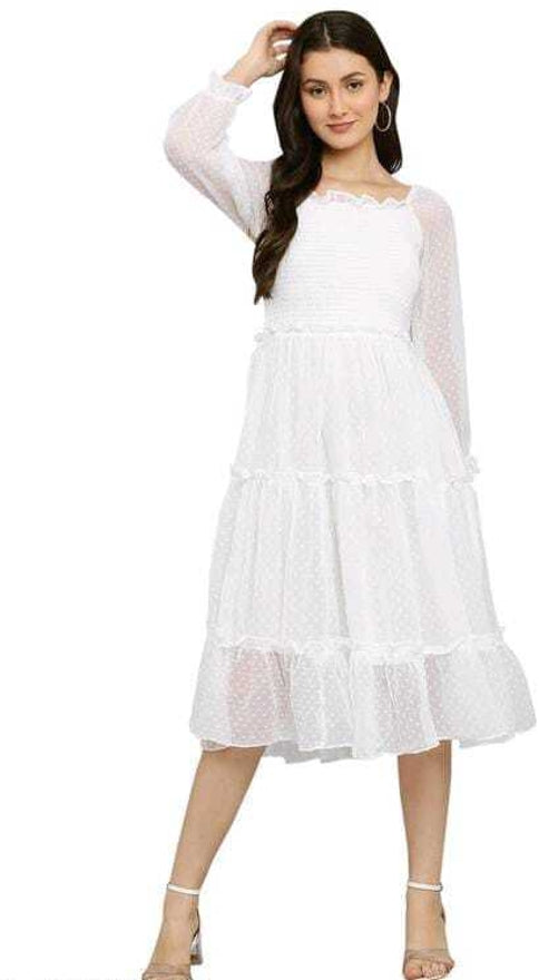 PAVONINE Buta-Design With Square-Neck White Dress For Girls & Women | Grocsy