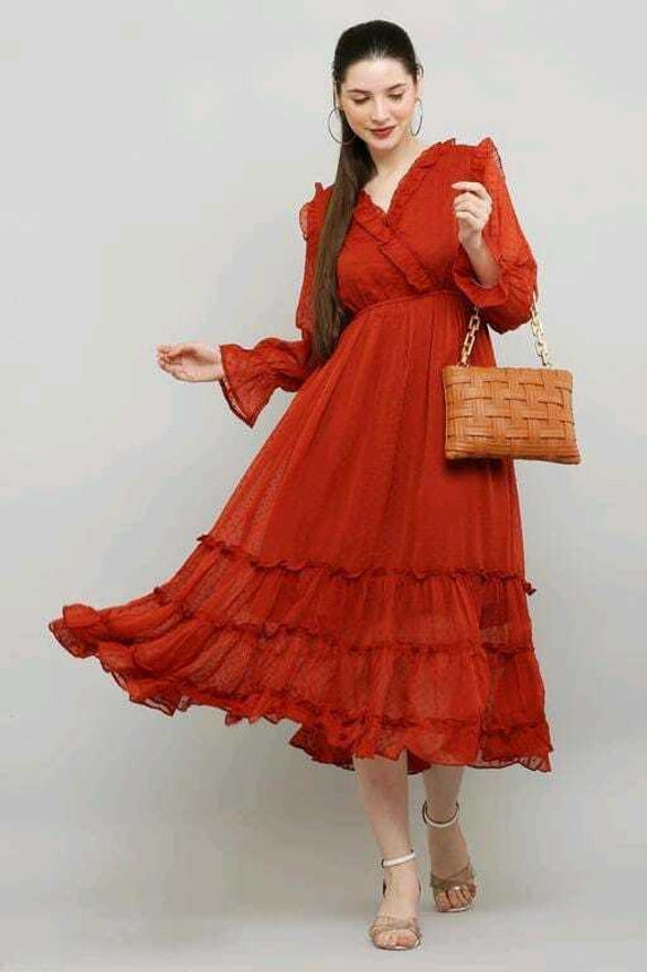 PAVONINE Buta-Design With V-Neck Red Dress For Girls & Women | Grocsy