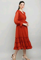 PAVONINE Buta-Design With V-Neck Red Dress For Girls & Women | Grocsy