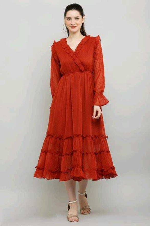 PAVONINE Buta-Design With V-Neck Red Dress For Girls & Women | Grocsy