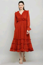 PAVONINE Buta-Design With V-Neck Red Dress For Girls & Women | Grocsy