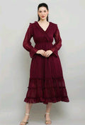 PAVONINE Buta-Design With V-Neck Wine Dress For Girls & Women | Grocsy