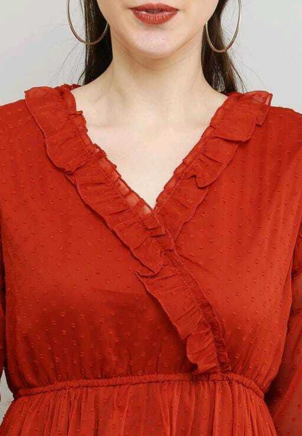 PAVONINE Buta-Design With V-Neck Red Dress For Girls & Women | Grocsy