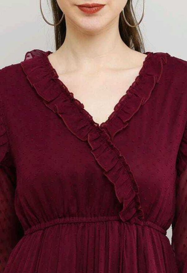 PAVONINE Buta-Design With V-Neck Wine Dress For Girls & Women | Grocsy