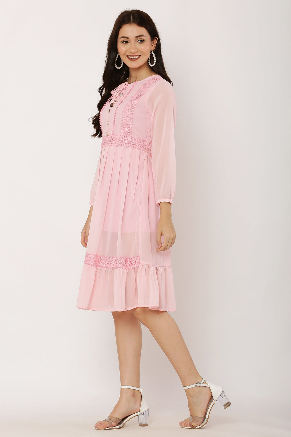 PAVONINE Peach Color Georgette Fabric Lace Inserts Dress For Girls | Grocsy