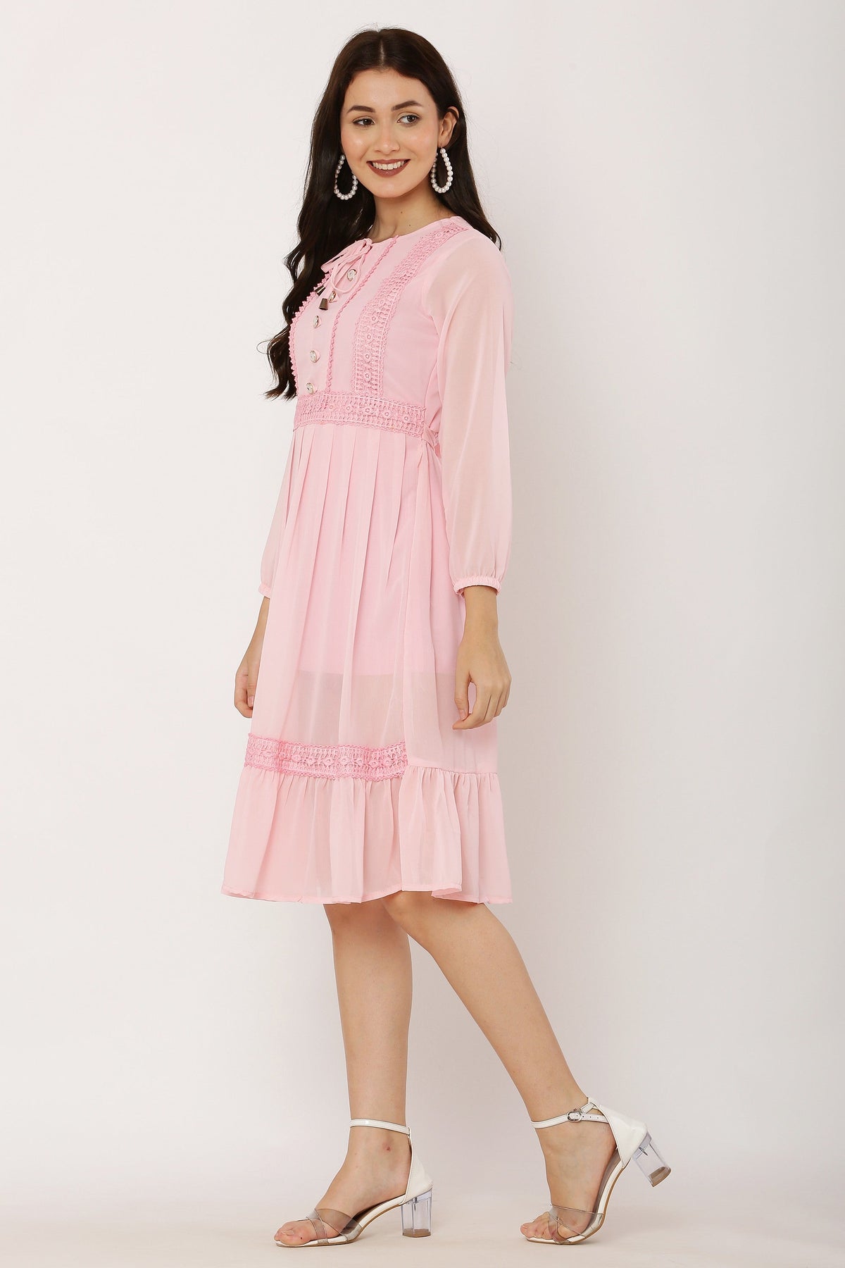 PAVONINE Peach Color Georgette Fabric Lace Inserts Dress For Girls | Grocsy