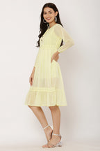 PAVONINE Lemon Color Georgette Fabric Lace Inserts Dress For Girls | Grocsy