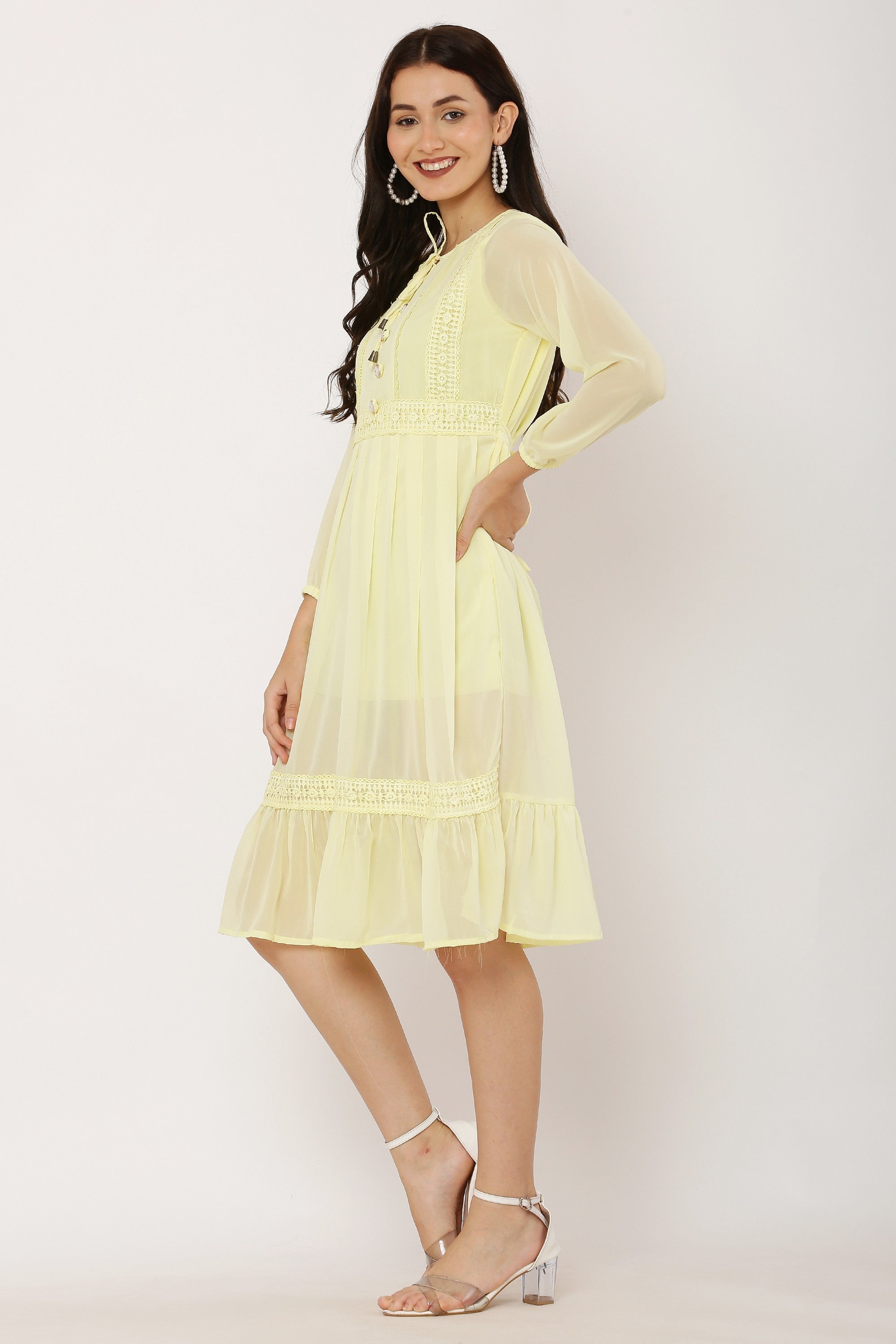 PAVONINE Lemon Color Georgette Fabric Lace Inserts Dress For Girls | Grocsy