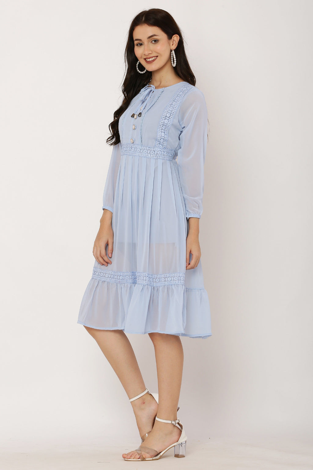 PAVONINE Sky Blue Color Georgette Fabric Lace Inserts Dress For Girls | Grocsy