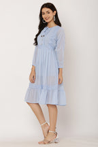 PAVONINE Sky Blue Color Georgette Fabric Lace Inserts Dress For Girls | Grocsy