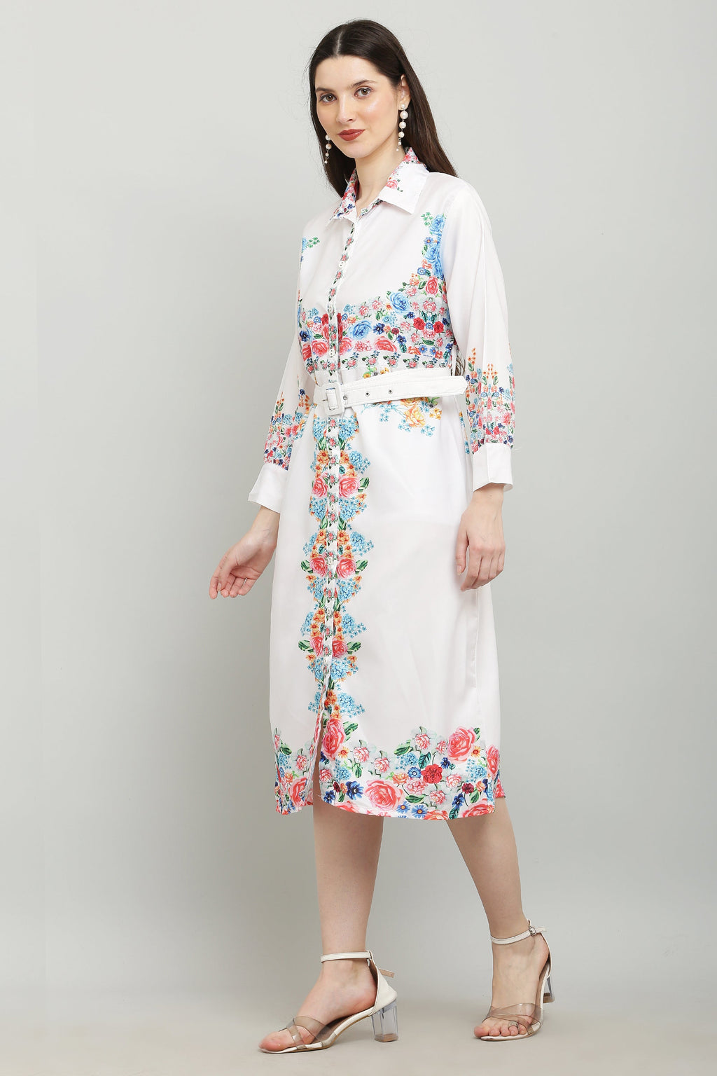 PAVONINE Cat Flower Digital Print White Color A-Line Dress For Women | Grocsy