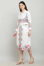 PAVONINE Cat Flower Digital Print White Color A-Line Dress For Women | Grocsy