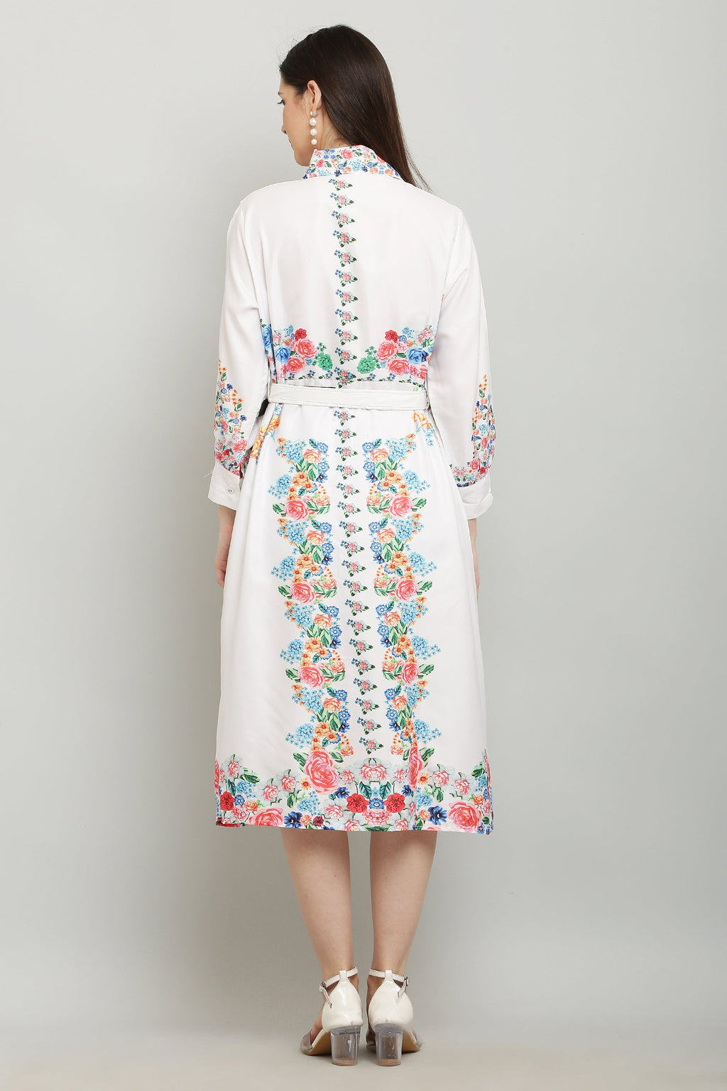 PAVONINE Cat Flower Digital Print White Color A-Line Dress For Women | Grocsy