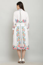 PAVONINE Cat Flower Digital Print White Color A-Line Dress For Women | Grocsy