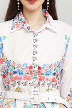 PAVONINE Cat Flower Digital Print White Color A-Line Dress For Women | Grocsy