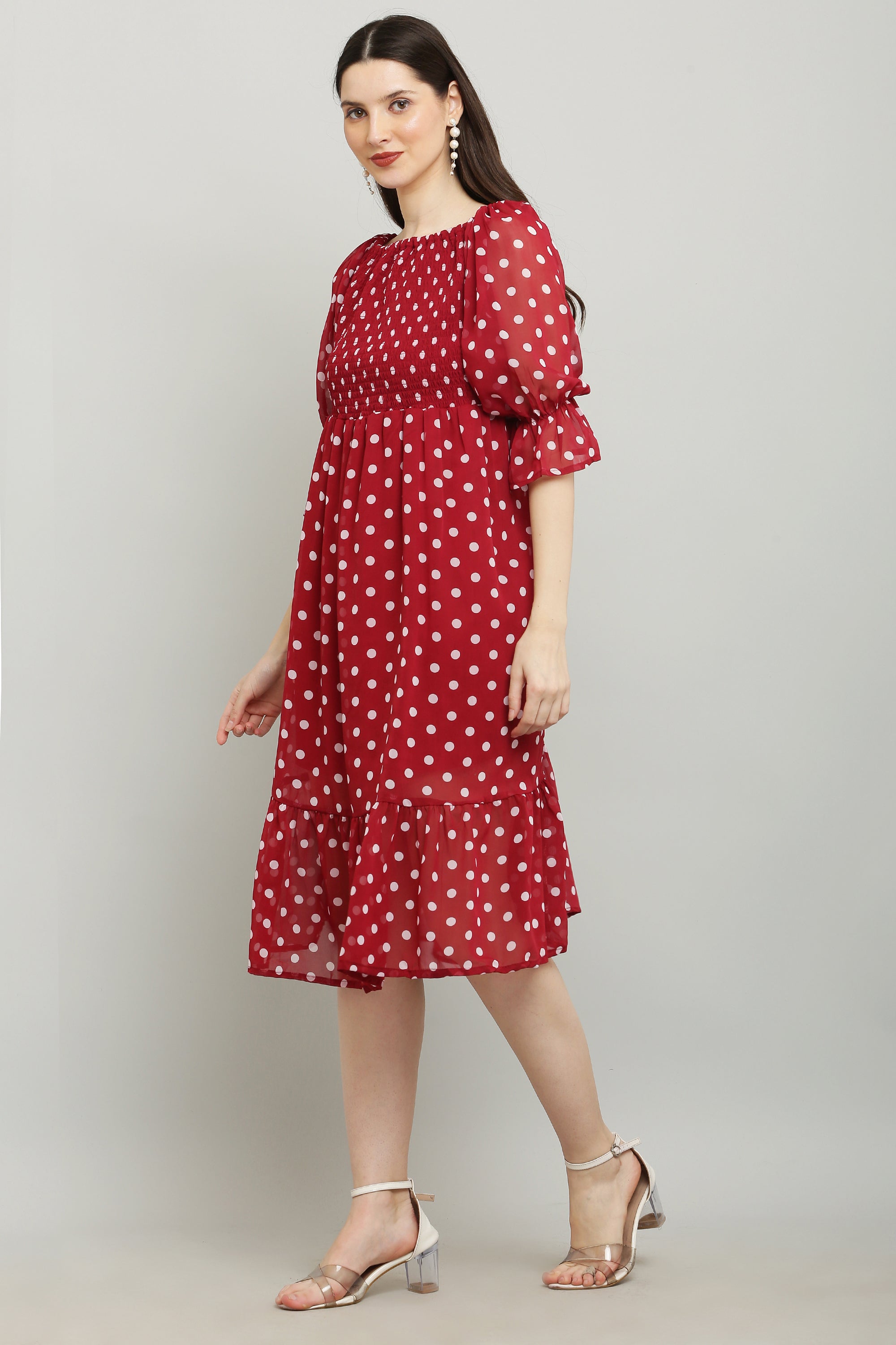 PAVONINE Polka Dots Body Kansai Maroon Dress For Women | Grocsy