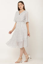 PAVONINE Micro Dots V-Neck Georgette Fabric White Dress For Women | Grocsy