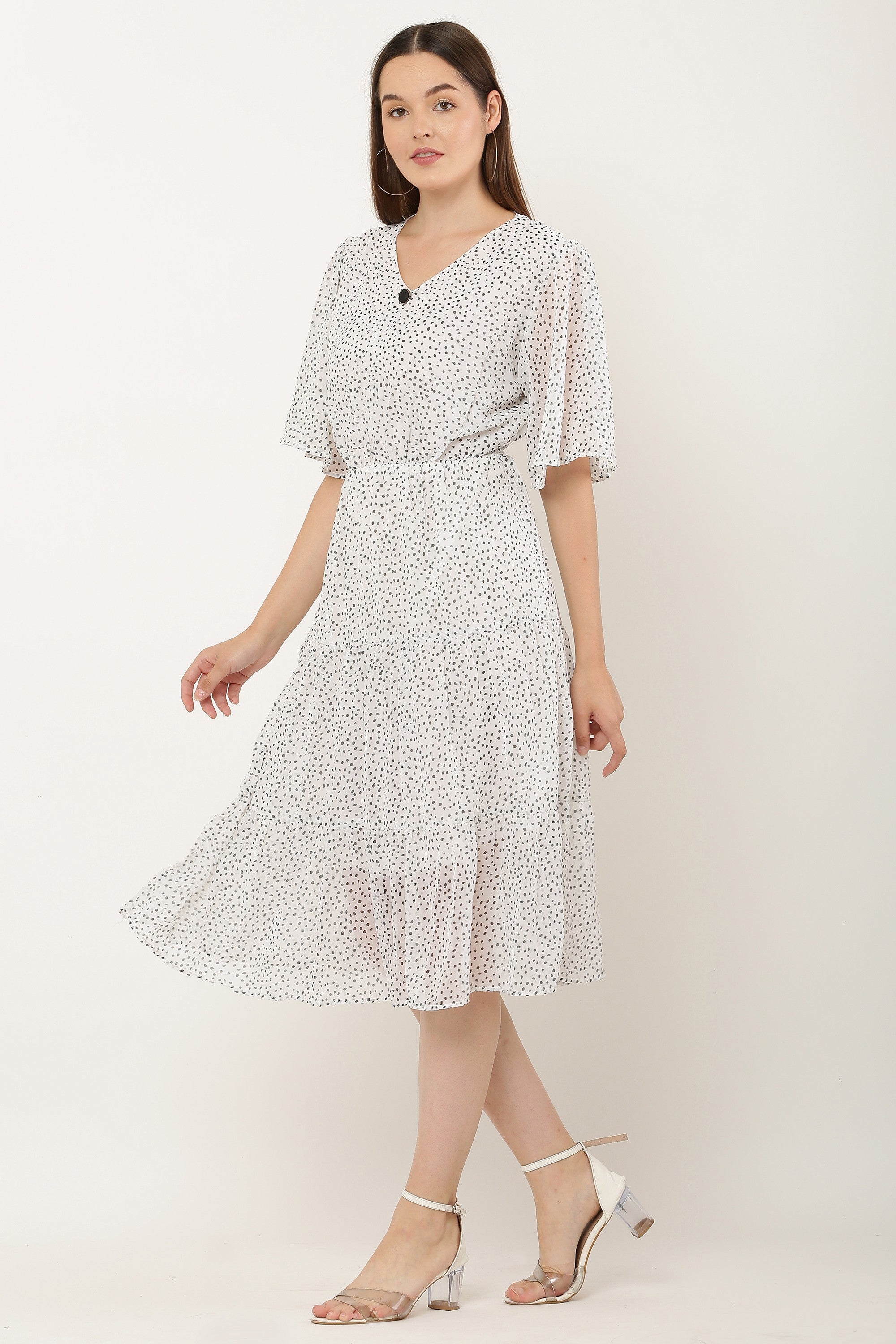 PAVONINE Micro Dots V-Neck Georgette Fabric White Dress For Women | Grocsy
