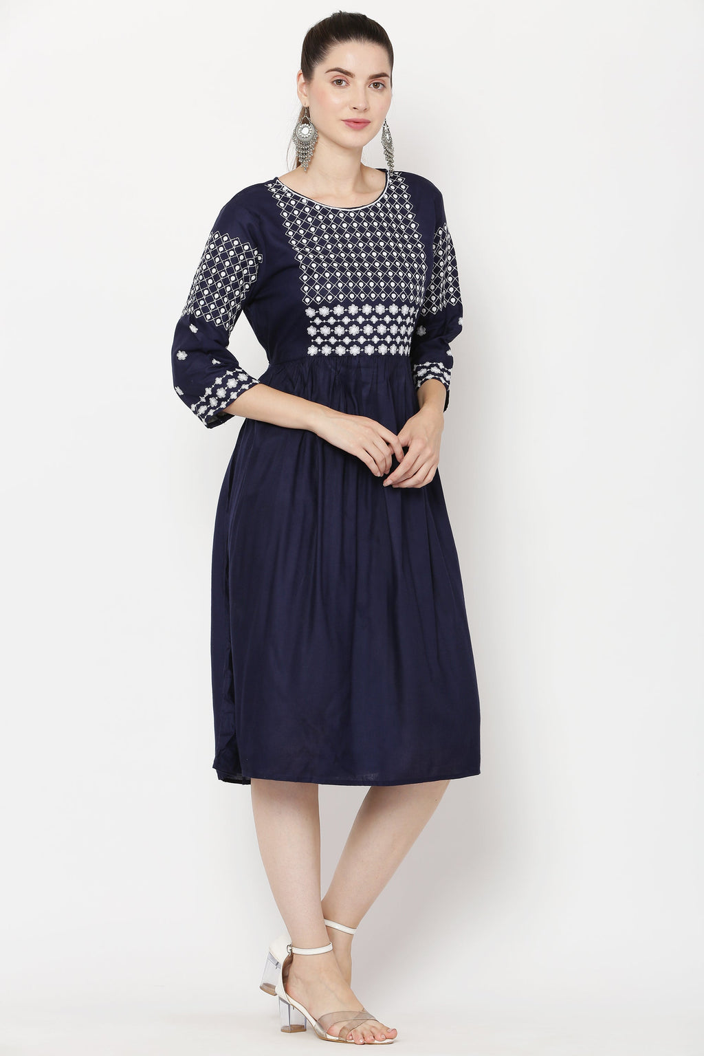 PAVONINE Navy Blue Color Polka Dots Embroidery Dress For Women | Grocsy