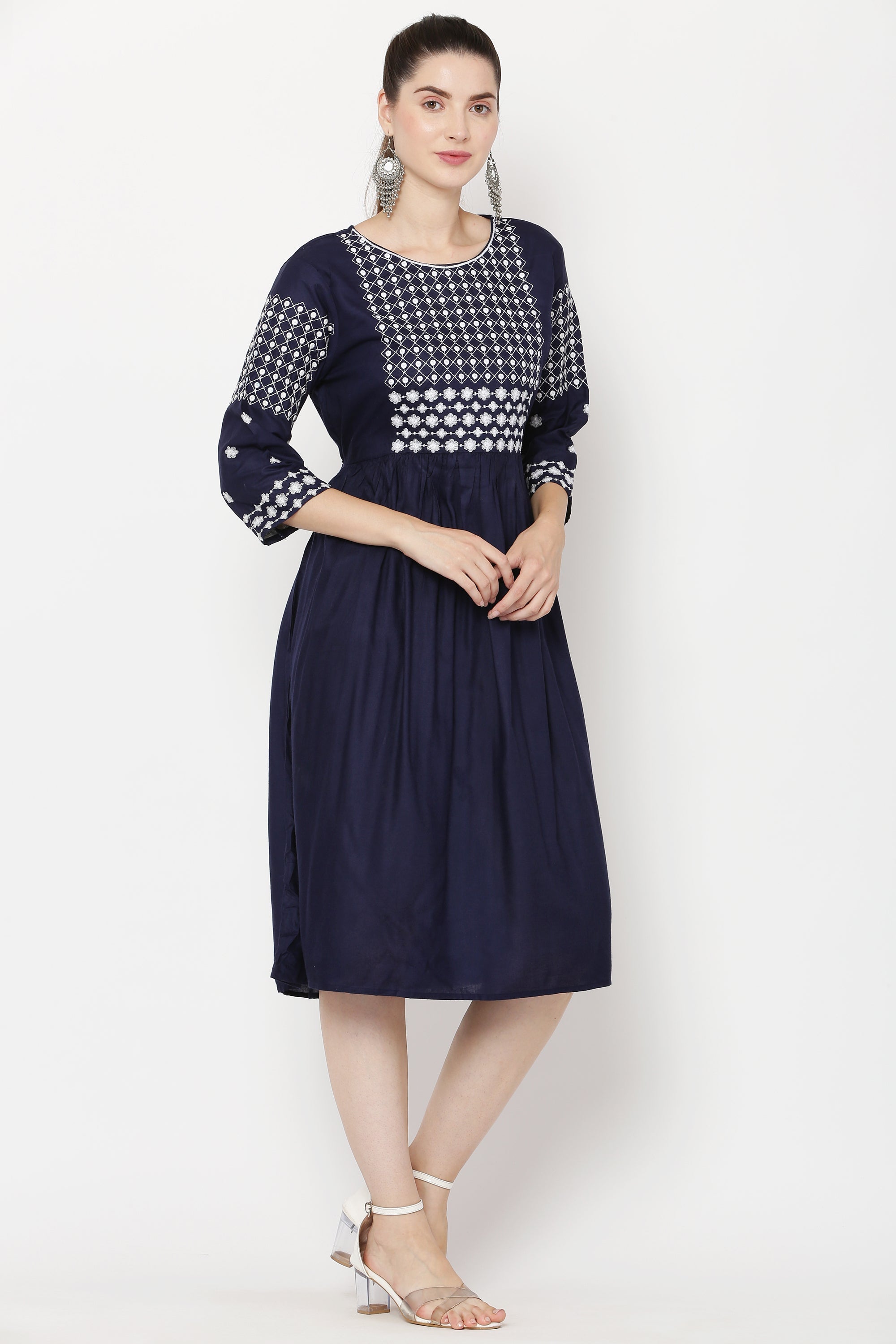 PAVONINE Navy Blue Color Polka Dots Embroidery Dress For Women | Grocsy